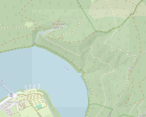 Schummerung (igor), Basiskarte (teiltransparent) und Höhenschichtlinien für eine Datenkachel am Edersee (Hessen).