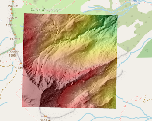 Schummerung und Farbrelief (40% opak) für eine Datenkachel in den Hochalpen (Großer Seekopf, 2085 Meter).